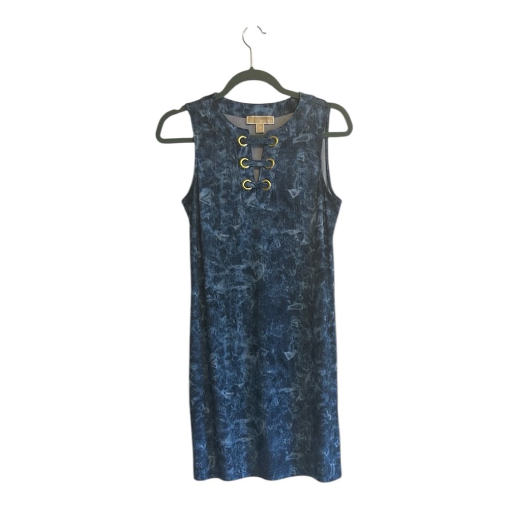 Michael Kors Sleeveless Tie Dyed Denim Blue Lace Up Tank Mini Dress XSmall - Picture 1 of 13